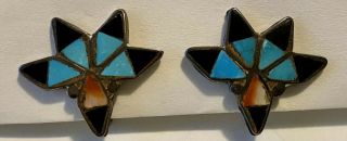 Vintage Zuni Sterling Silver Turquoise Coral Onyx Inlay Screw Back Earrings