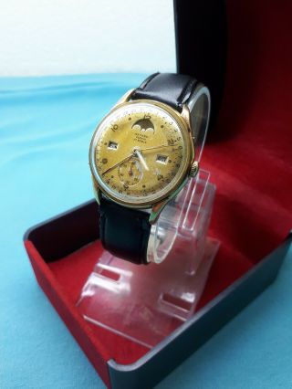 Vintage Record Datofix Geneve Sub Second Triple Date Moonphase Watch Swiss Xrare