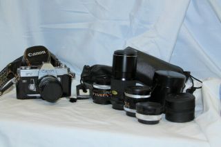 Vtg Canon Ft Ql 35mm Film Camera Macro,  Case Tele Converter 50mm 200mm 5 Lenses