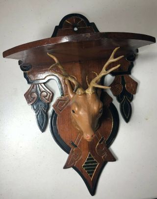 Antique Wooden Wall Shelf With Metal Hp Deer/ Stag Head Design (14)
