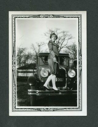 Vintage Car Photo Pretty Girl On Bumper 1928 1929 Model A Ford 393005