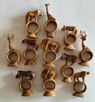 Vintage Hand Carved Wooden Safari African Animals Set Of 11 Napkin Rings