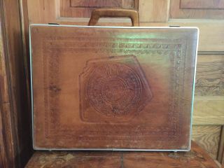 Vintage Mexican Hand Tooled Leather Briefcase Mayan Calendar Made In Mexico