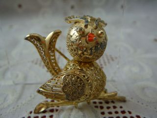 Vintage Detailed Gold Over Sterling Silver Filigree Bird Moving Head Pin Brooch
