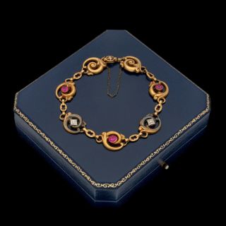 Antique Vintage Art Deco 10k Rose Gold Esemco Rococo Diamond Ruby Chain Bracelet