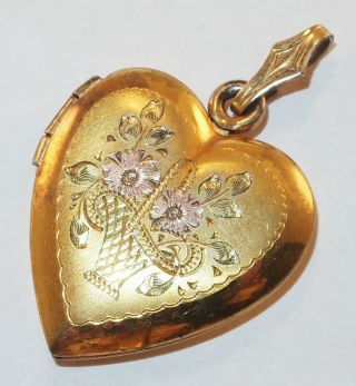 Vintage 2 - Tone Rose Gold Filled Heart Shaped Flower Basket Locket Pendant Charm