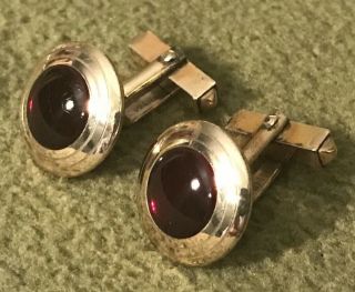 Vintage Swank 12kgf Ruby Red Glass Circle Cufflinks W/ Box Gold Filled Art Deco