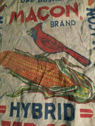 1950s Vintage Macon Hybrid Seed Corn Bag Sack Old Farm Sign Cardinal Decatur Il