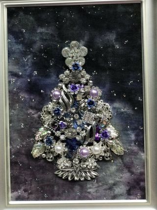 Vintage Jewelry / Rhinestones Christmas Tree Framed Picture Silver Blue Purple