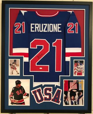 Mike Eruzione Autographed Custom Framed 1980 Usa Olympic Blue Jersey Jsa