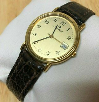 Vintage Lorenz Swiss Men Gold Tone Slim Analog Quartz Watch Hour Date Batter