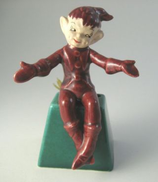 Gilner Pottery Elf On Bell Vintage Pixie Maroon And Green