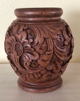Vtg Hand Carved Wood Mahogany Lotus Vase Floral Design Balinese Asian Folk Art