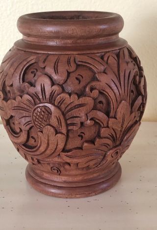 Vtg Hand Carved Wood Mahogany Lotus Vase Floral Design Balinese Asian Folk Art 2