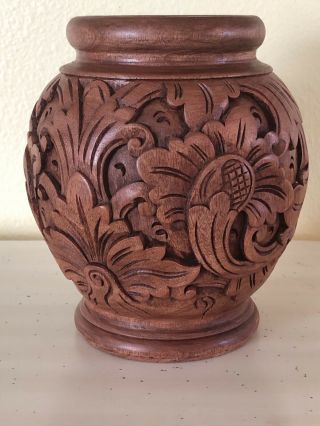 Vtg Hand Carved Wood Mahogany Lotus Vase Floral Design Balinese Asian Folk Art 3