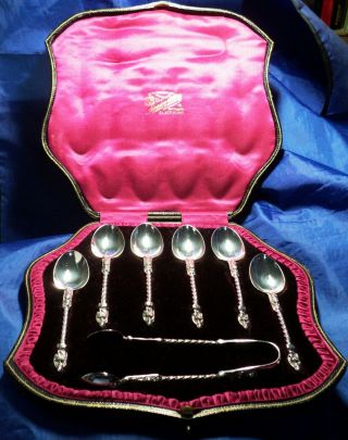 Boxed Set 6 Solid Silver Apostle Spoons & Tongs By C W Fletcher Sheffield 1904