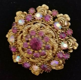 Vintage Goldtone Purple And Aurora Borealis Crystal Flower Brooch