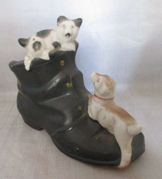 Vintage Porcelain Shoe Boot W/ Puppy Chases Kitten Signed Mineral Wells,  Tx 