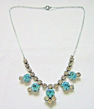 Vintage Jewellery Silver Tone/chrome Necklace With Blue & White Diamante