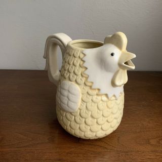 Vintage Pale Yellow Detailed Rooster Chicken Pottery Pitcher Country Kitchen 6 "