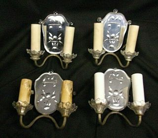 Vtg Set 4 Or 2 Pair Double Arm Wall Sconces Cut Mirrored Back 20 