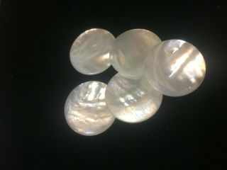 5 Large White Shiny Abalone Shell Mother Of Pearl Flat Shank Vintage Buttons