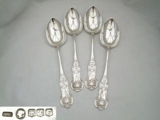Rare Scottish Set Of 4 Victorian Hm Sterling Silver Serving Spoons 1876