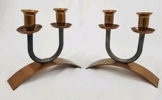 2 Vintage Candlestick Candle Holder Copper And Steel Arts & Crafts Mid - Century