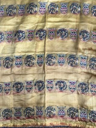 Antique Chinese Imperial Yellow Silk Brocade Panel Dragon Roundel Lingzhi 35x30 3