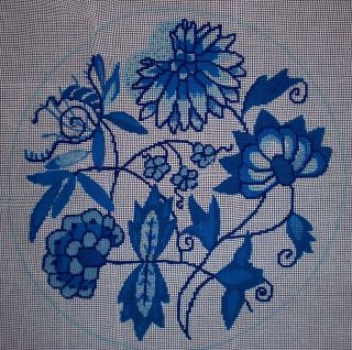 Vtg Hp Jacobean Blue Floral Worked Needlepoint Flowers 457s 12ct Hand Painted