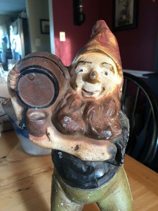 Antique Cast Iron Gnome Doorstop Garden Statue Carrying Keg Barrel Rare Hubley