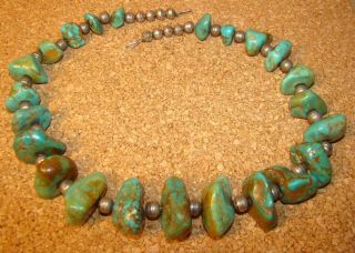 Vintage Turquoise Large Polished Chunky Stone Beads W/ Handmade Silver Beads 24 "