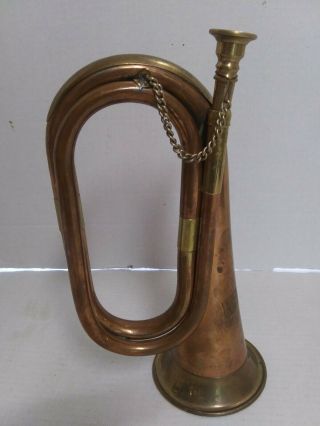 Vintage 11 Inch Copper Bugle With Brass Fittings & Mouthpiece