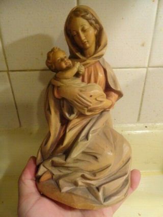 Anri Wood Carved Virgin Mary Baby Jesus Vintage 9 X 5 Inches Italian Statue