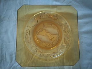 Vintage Art Deco Bagley Amber Glass Square Plate/dish Fish & Water Lily Design.