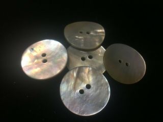 5 Large Polished Abalone Shell Mother Of Pearl Light Gray 2 - Hole Vintage Buttons