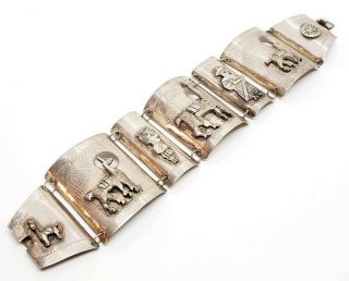 Vintage Stampd Peru 925 Sterling Silver Llama Inca Diety Sun Panel Link Bracelet