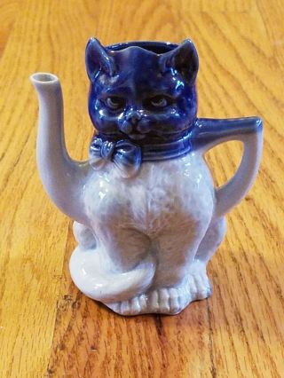 Vintage Small Blue Kitty Cat Pitcher Creamer Teapot Ceramic Figurine Unique