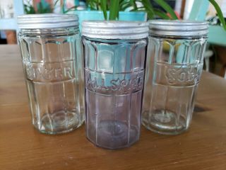 Vintage Hoosier Cabinet Ribbed Glass Spice Jars W/lids