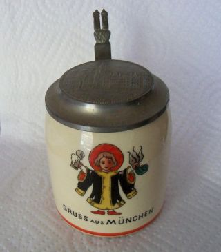 Vintage Gruss Aus München Ceramic Souvenir Stein Pewter Lid Munich Germany Htf