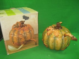 Vintage Baum Bros Hand Painted Ceramic Pumpkin Soup Tureen With Ladle Fall Theme