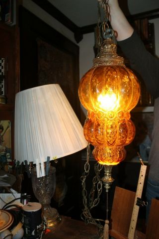 Vintage Mid Century Modern Hanging Pendant Light Fixture Amber Orange Glass Work