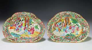 Antique Chinese Rose Mandarin Porcelain Kidney Shape Dishes