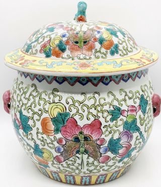 Antique Chinese Export Famille Rose Canton Porcelain Butterfly Lidded Pot Jar 9”