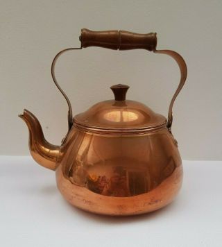 Vintage Copper Kettle With Wooden Handle 20cm High