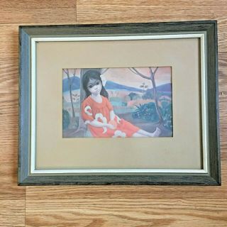 Vintage Framed & Matted Adorable Keane Print 1965 Girl Sitting By Tree