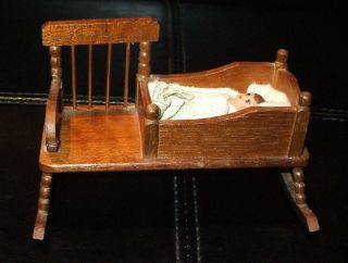 Vintage/antique Miniature Dollhouse Wooden Rocking Chair Rocker & Crib With Baby