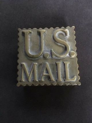 Vintage 1980’s Heavy Solid Brass Modernist Us Mail Covered Box Shaped Like Stamp