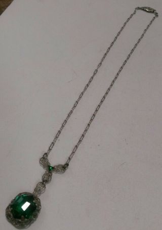 Vintage Or Antique Sterling Silver Green Stone Filigree Drop Pendant Necklace