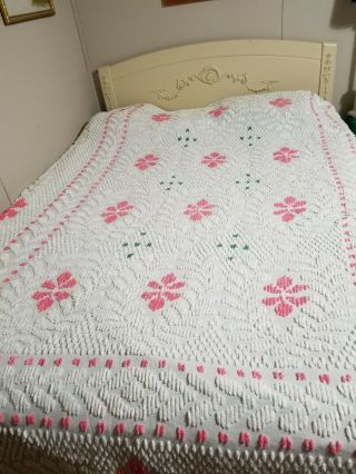 Gorgeous Vintage Pink And Green Floral Chenille Bedspread.  - Full.  Size